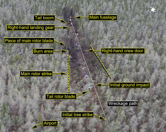 An overhead view of the crash site, showing the location of parts of the aircraft's wreckage. Transportation Safety Board Photo