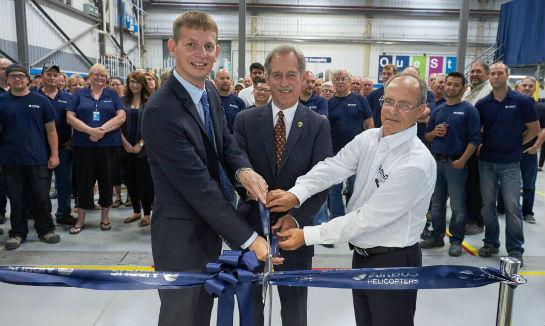 The expansion will double production for Airbus Helicopters Canada's repair and overhaul department. From left: Romain Trapp, president and CEO, Airbus Helicopters Canada; Mayor Wayne Redekop, Town of Fort Erie; and Benoit Marcoux, director of support and services, Airbus Helicopters Canada. Airbus Helicopters Canada Photo