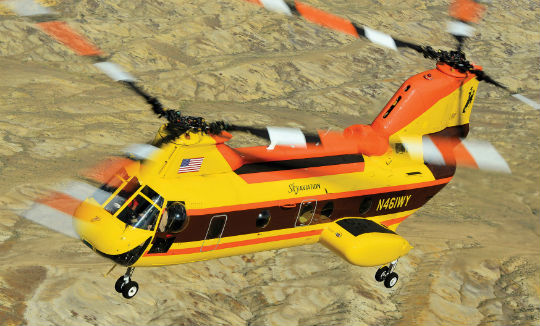 Sky Aviation purchased a Boeing CH-46D in 2014 in a government auction. It completed type certification in 2015 and will be a great asset for firefighting missions. Skip Robinson Photo