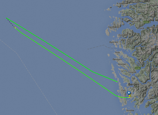 This image from flightradar24 shows the aircraft's route from Bergen to the Gullfaks B platform (bottom line), and its return journey (top line), which ended near Turøy.