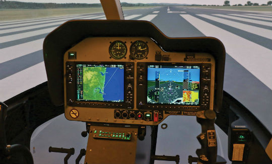 The instrument panel of the Frasca Bell 407GX FFS is an actual Garmin G1000H system. And when the schedule allows, the entire panel can be replaced with a 407 analog panel so that pilots who fly that series of 407 can benefit from what this simulator has to offer.