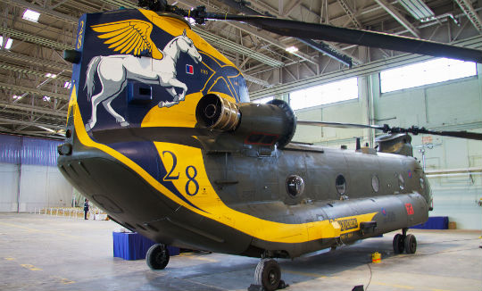 The paint scheme, which incorporates a Pegasus motif and crossed kukri knives, had to be approved by several authorities - including the Chinook's manufacturer, Boeing.