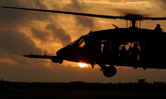 An HH-60G Pave Hawk prepares to land after training in Lungi, Sierra Leone. U.S. Air Force Photo