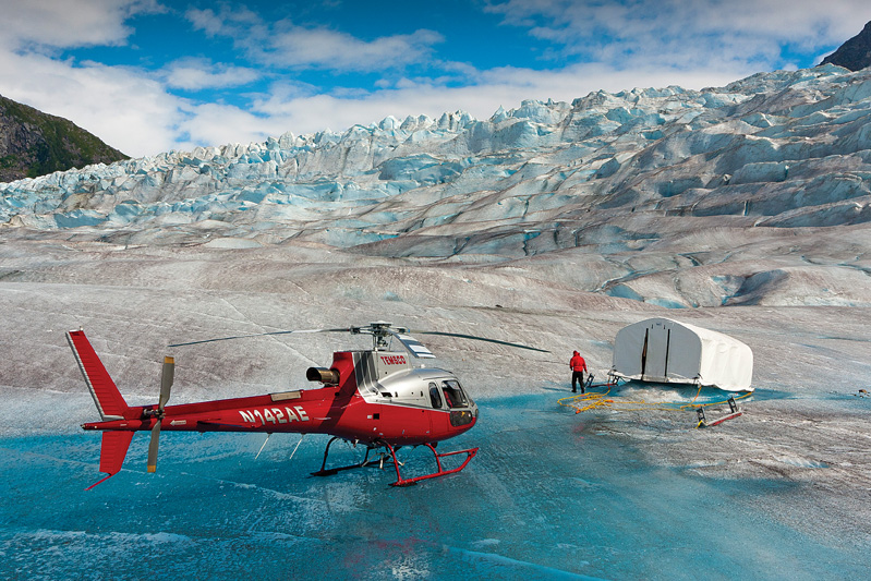 A TEMSCO AStar prepares to move a guide tent on the Mendenhall Glacier near Juneau, Alaska. The glacier is one of TEMSCOs most popular sightseeing destinations.