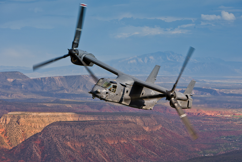 The rugged yet beautiful landscape of New Mexico provides the perfect backdrop for a CV-22 Osprey on a training mission. Sheldon Cohen Photo
