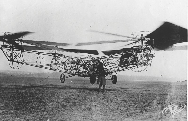 The de Bothezat quad-rotor-configured helicopter was the first rotorcraft built for the U.S. military; it flew for the first time in October 1922 at McCook Field in Ohio. Jeff Evans Collection Photo