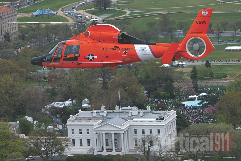 An NCRADF Dolphin flies past the White House. The H-65 is an important component in maintaining the security of the United States all-important Washington, D.C., airspace.