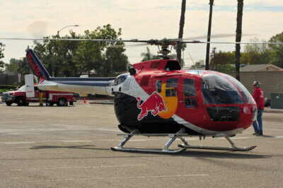 Chuck Aaron flies his Red Bull-sponsored BO-105 into the Anaheim