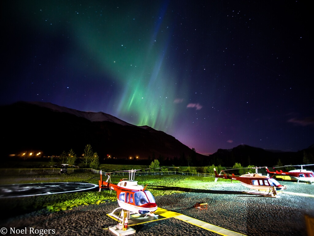Aurora borealis over the Alpine Helicopters base in Canmore
