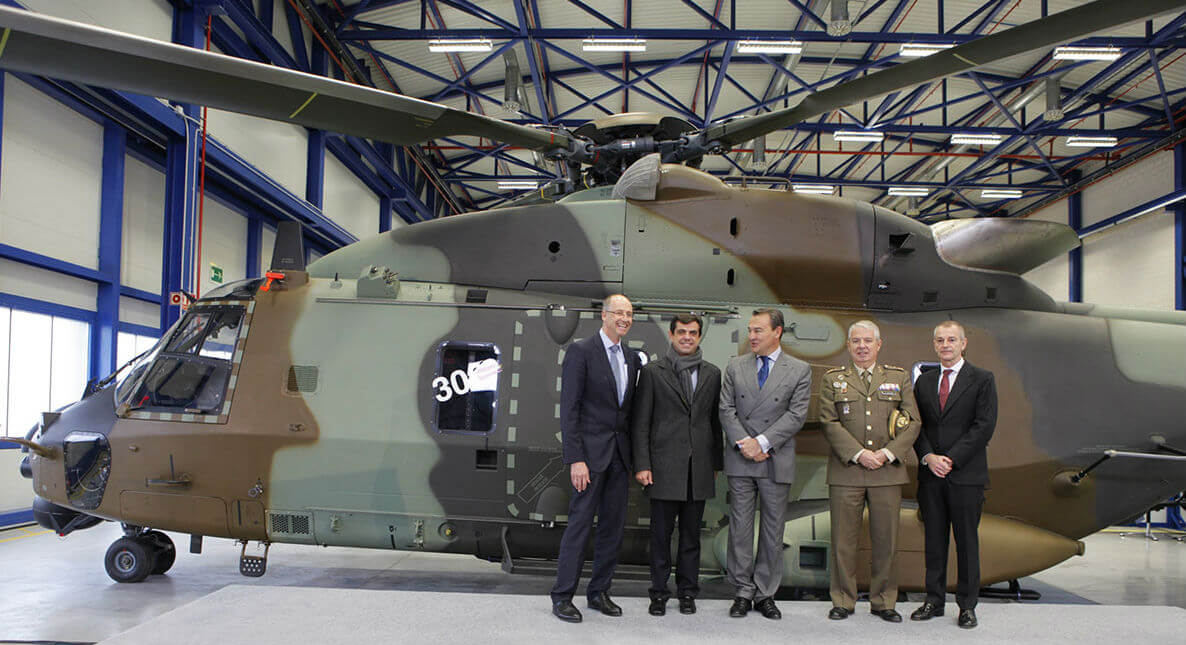 Assembled at the Airbus Helicopters Spanish final assembly line in Albacete, Spain, the NH90 will be operated by the Spanish Army’s aviation branch, Fuerzas Aeromóviles del Ejército de Tierra. Pictured here, representatives celebrate the recent delivery. NHIndustries Photo