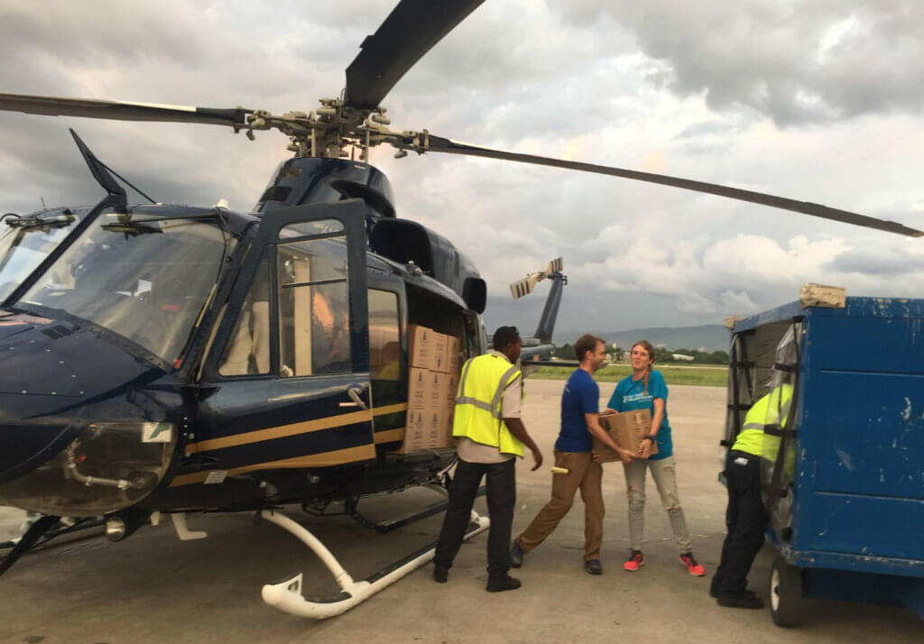 Over a roughly two-week period, the two Bell aircraft in Haiti delivered 50 metric tons of food aid in partnership with NGOs including All Hands Volunteers. Airlink Photo