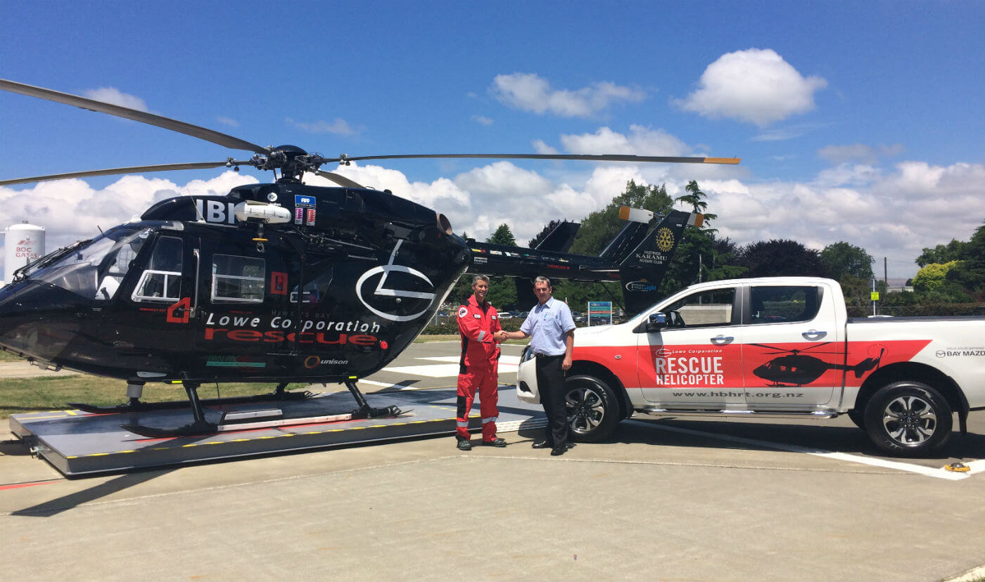 The new Mazda BT50 ute, which is branded with the Lowe Corporation Rescue Helicopter imagery, will be the Trusts’ operational vehicle, and will mainly be used by the pilot on duty. Hawke’s Bay Helicopter Rescue Trust Photo
