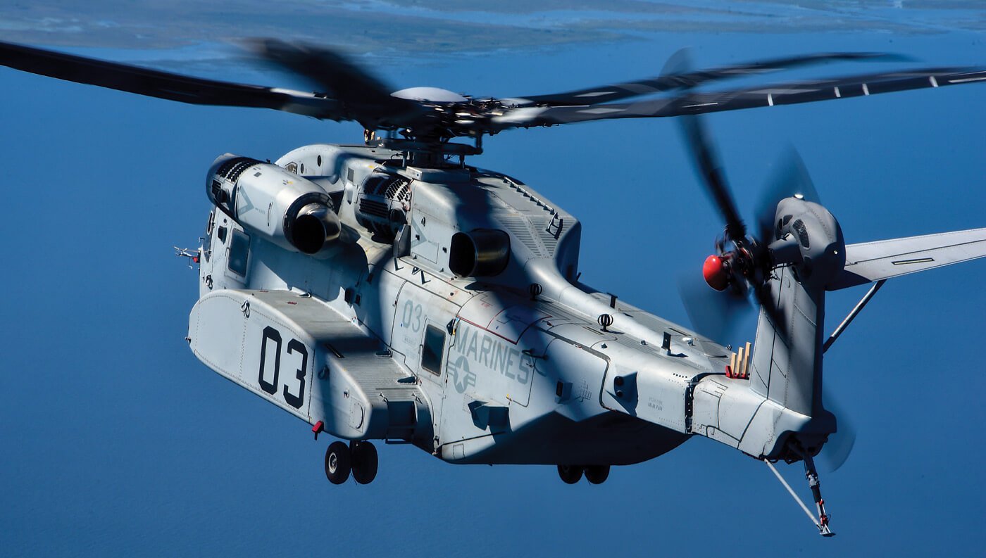 A CH-53K helicopter in flight
