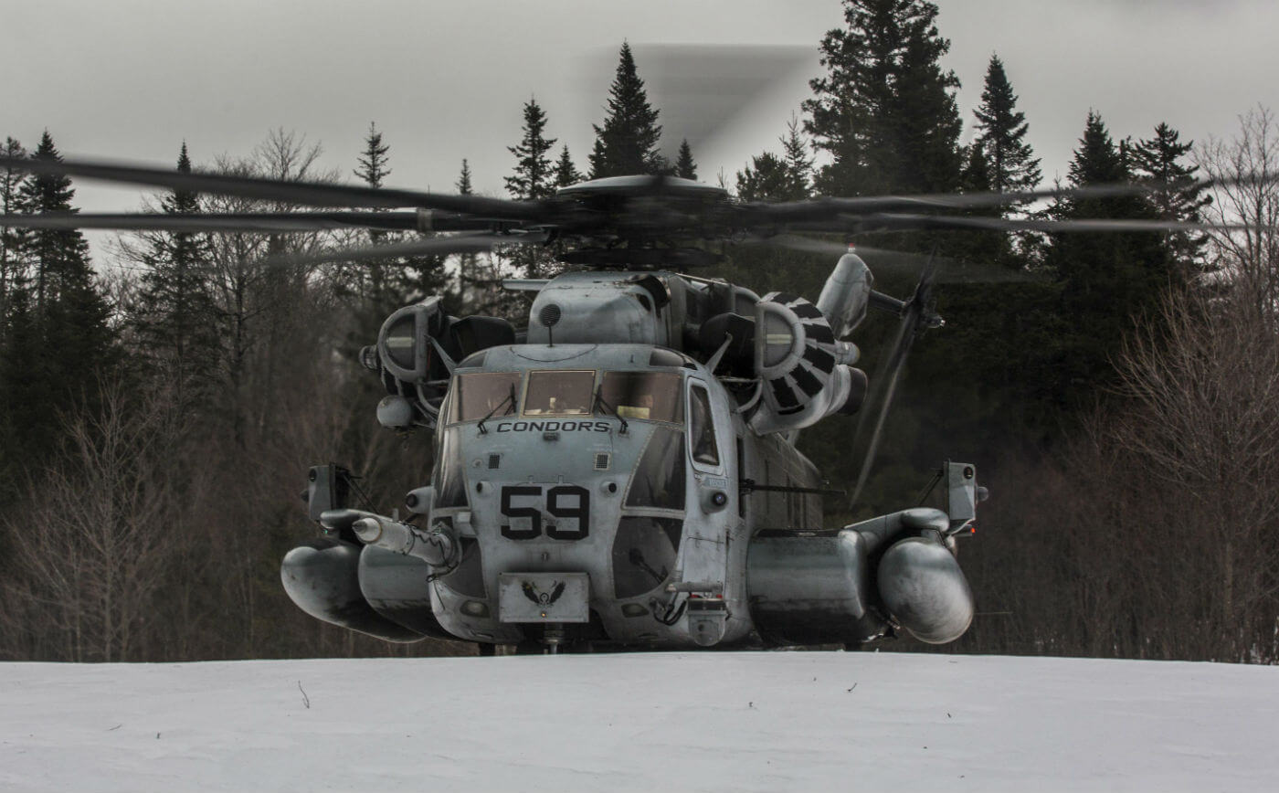 A CH-53E Super Stallion with Marine Heavy Helicopter Squadron 464 lands in snow during Exercise Frigid Condor near Brunswick, Maine, on Jan. 22, 2017. HMH-464 conducted the exercise to increase the squadron’s operational readiness in extreme conditions. The U.S. Naval Research Laboratory is investigating ways to potentially detect supercooled liquid clouds from the air, which can cause hazardous icing conditions for aircraft. NRL Photo