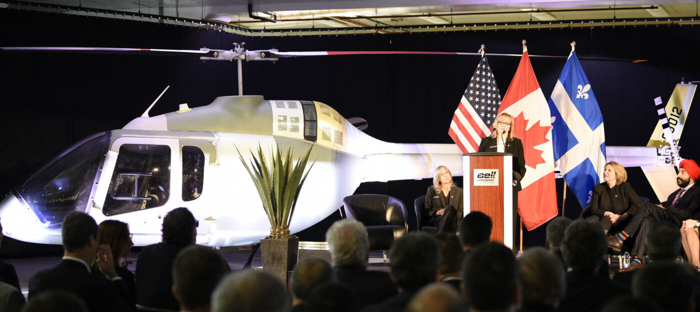 Navdeep Bains took part in a ceremony to celebrate the completion of the new 505 Jet Ranger X helicopter from the Mirabel production line. Christine St-Pierre also took part in the event on behalf of Dominique Anglade. Bell Photo