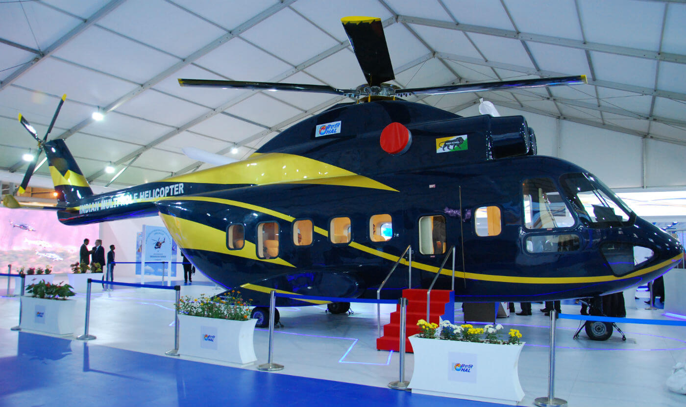 The full-scale mock-up of the Indian multirole helicopter was unveiled in the presence of Laxmikant Paresekar, T. Suvarna Raju, and other key officials at a function held at the HAL Pavilion. HAL Photo