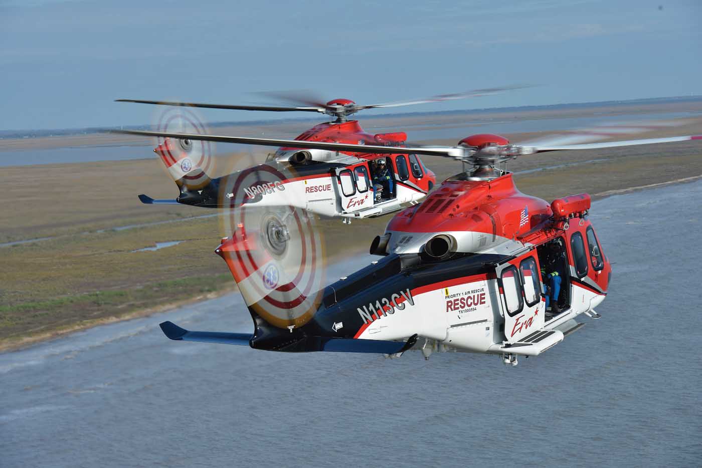 Two Era Leonardo AW139s take flight in the Gulf of Mexico. The aircraft’s powerplants are PT6C-67Cs. Dan Megna Photo