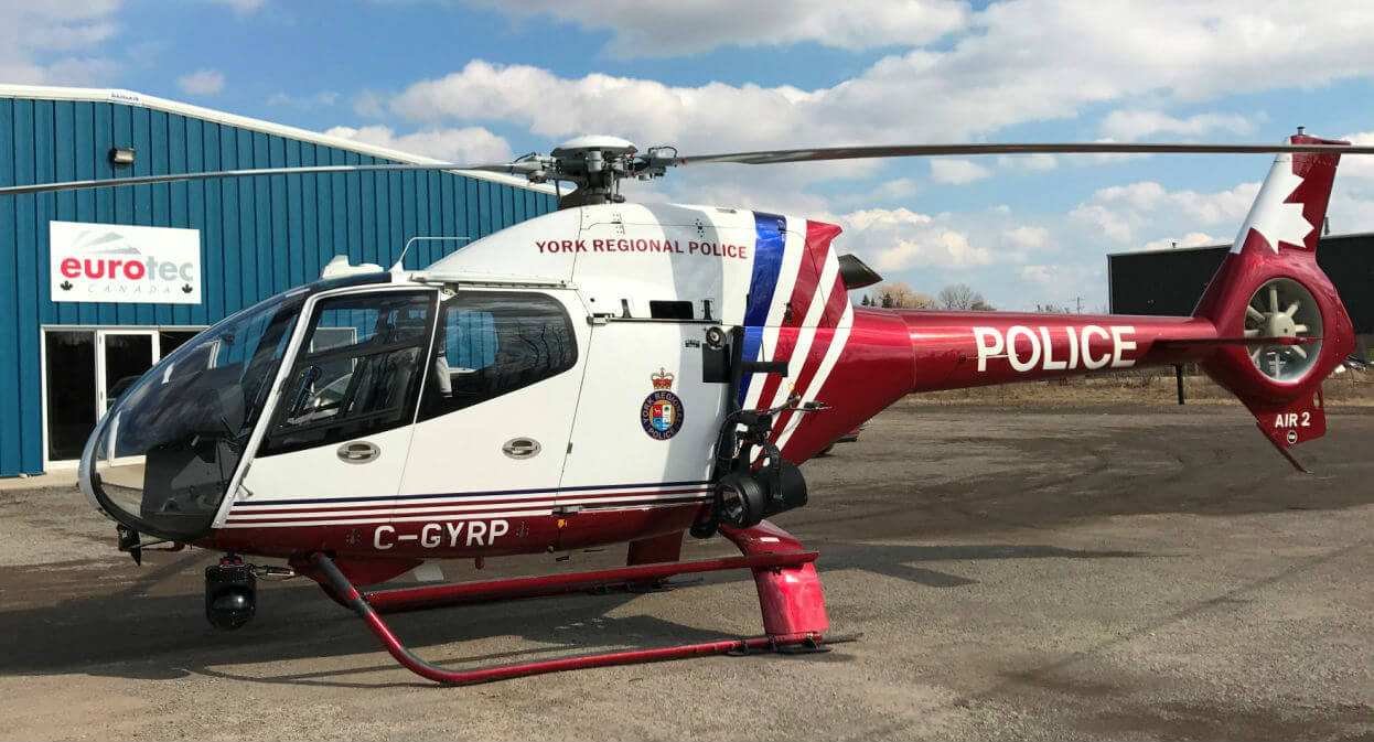 The York Regional Police H120 helicopter, Air2, rests at EuroTec Canada’s facility in Millgrove, Ont. EuroTec Photo