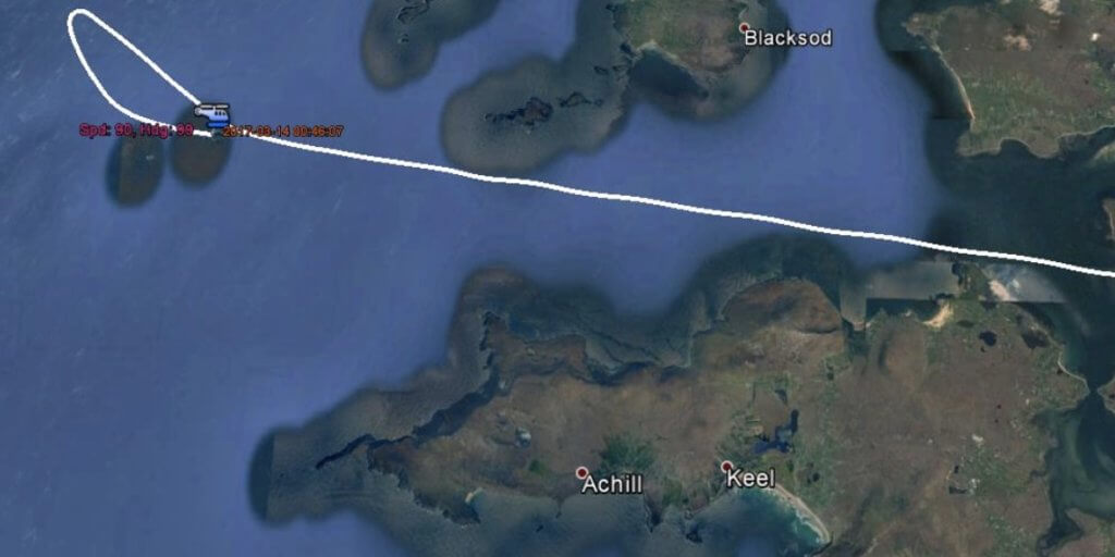 Automatic Identification System (AIS) track data from Rescue 116 is here overlaid onto a Google Earth map to show how the helicopter approached from the west, and then descended and turned east for the arrival to Blacksod before impacting terrain at Black Rock. AAIU Image