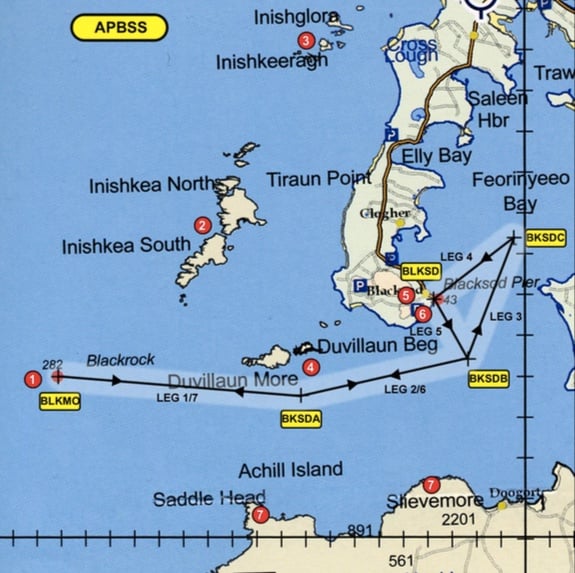 A reproduction of CHC’s route guide for APBSS, “Approach Blacksod South,” a series of GPS waypoints that begins with the waypoint BLKMO. AAIU Image