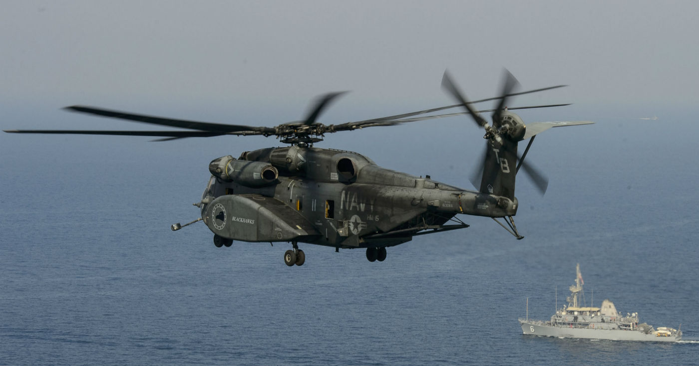 The MH-53E — the U.S. Navy’s primary airborne mine countermeasures aircraft — can operate from carriers and other warships, and is capable of towing a variety of mine hunting/sweeping countermeasures systems. U.S. Navy Photo