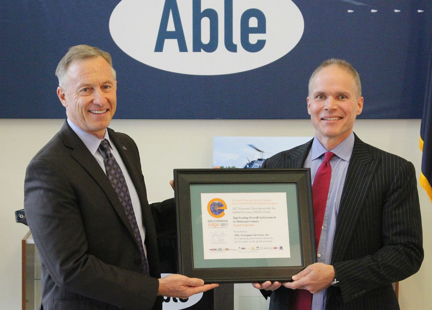 City of Mesa Mayor John Giles honored Able during a certificate presentation, held at Able’s 200,000-square-foot headquarters at the Phoenix Mesa Gateway Airport in Mesa, Arizona. Able Photo