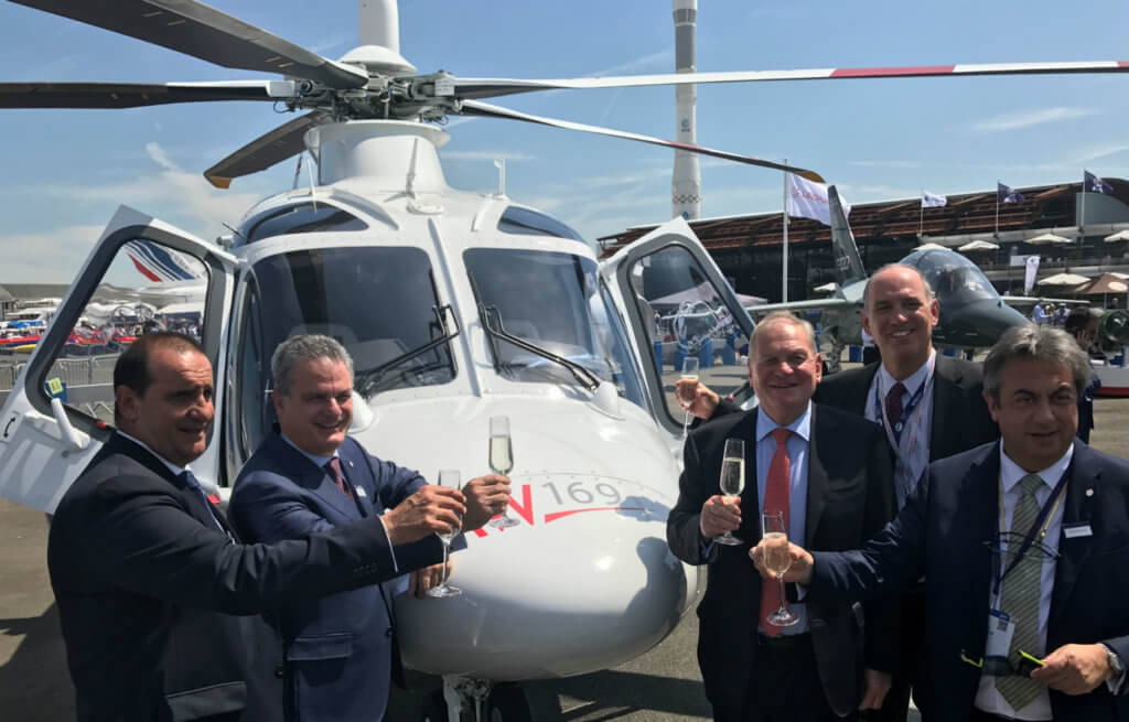 Celebrating LCI's order for nine Leonardo helicopters are (from left): Carlo Gualdaroni, chief business office, Leonardo Helicopters; Daniele Romiti, managing director, Leonardo Helicopters; Crispin Maunder, executive chairman, LCI; Michael Platt, chief executive officer, LCI; and Emilio Dalmasso, commercial business unit, Leonardo Helicopters.