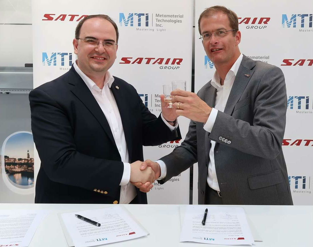 George Palikaras, founder and CEO of Metamaterial Technologies Inc. (left) and Bart Reijnen, CEO of Satair Group, celebrate the recent agreement. Metamaterial Technologies Inc. Photo
