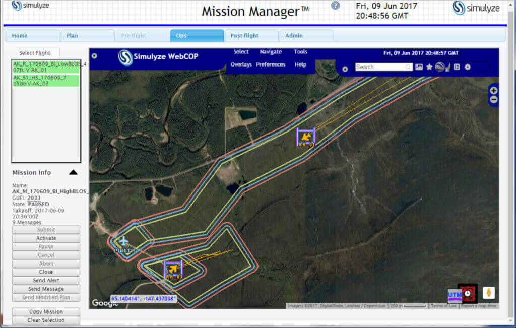 NASA Technical Capability Level 2 National Campaign, Alaska UAS Test Site, June 9, 2017: Screenshot from Simulyze's Mission Insight application shows two aircraft flying in close proximity, one of which is beyond visual line-of-sight operations.