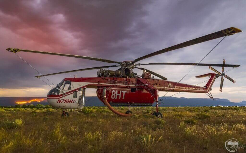 A CH-54B helicopter rests after putting in a good day’s work. Photo submitted by Dan Sebern Photography