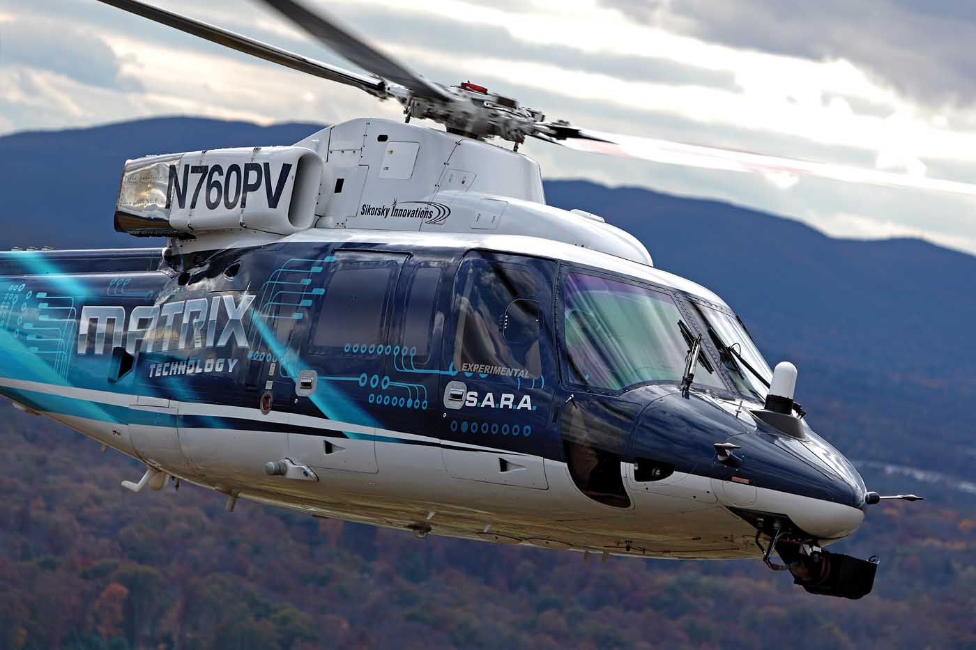 Sikorsky has been developing its Matrix Technology autonomy kit in SARA, an S-76 retrofitted with fly-by-wire flight controls. According to Sikorsky director of autonomous programs Igor Cherepinsky, the larger platform has been helpful in accommodating the supercomputer in the back of the aircraft: “We’re not limited by payload or power, we can experiment all we want.” Ted Carlson Photo
