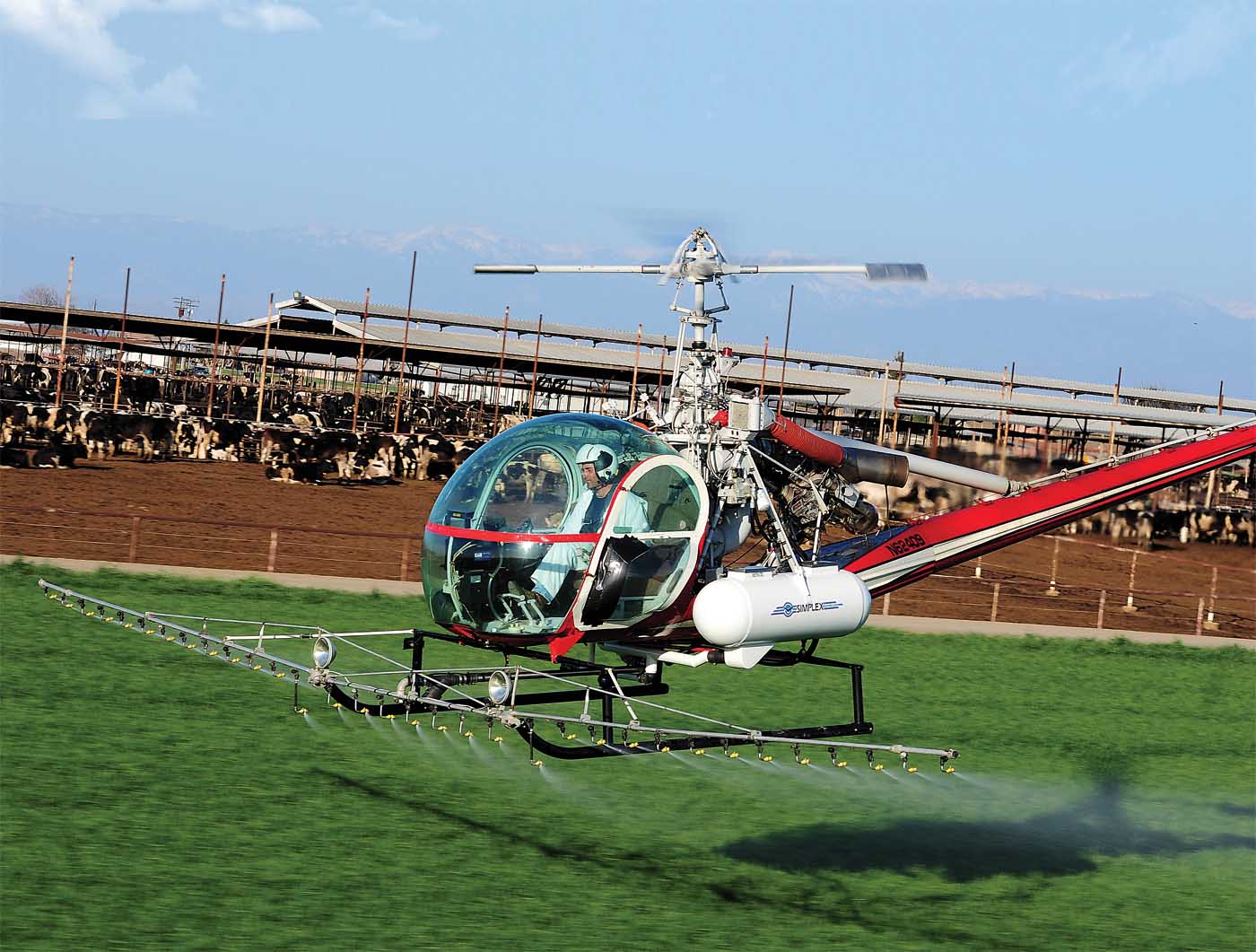 A Hiller OH-23G fitted with a Simplex spraying system. Conditions need to be just right for the spray to have the right effect. Skip Robinson Photo