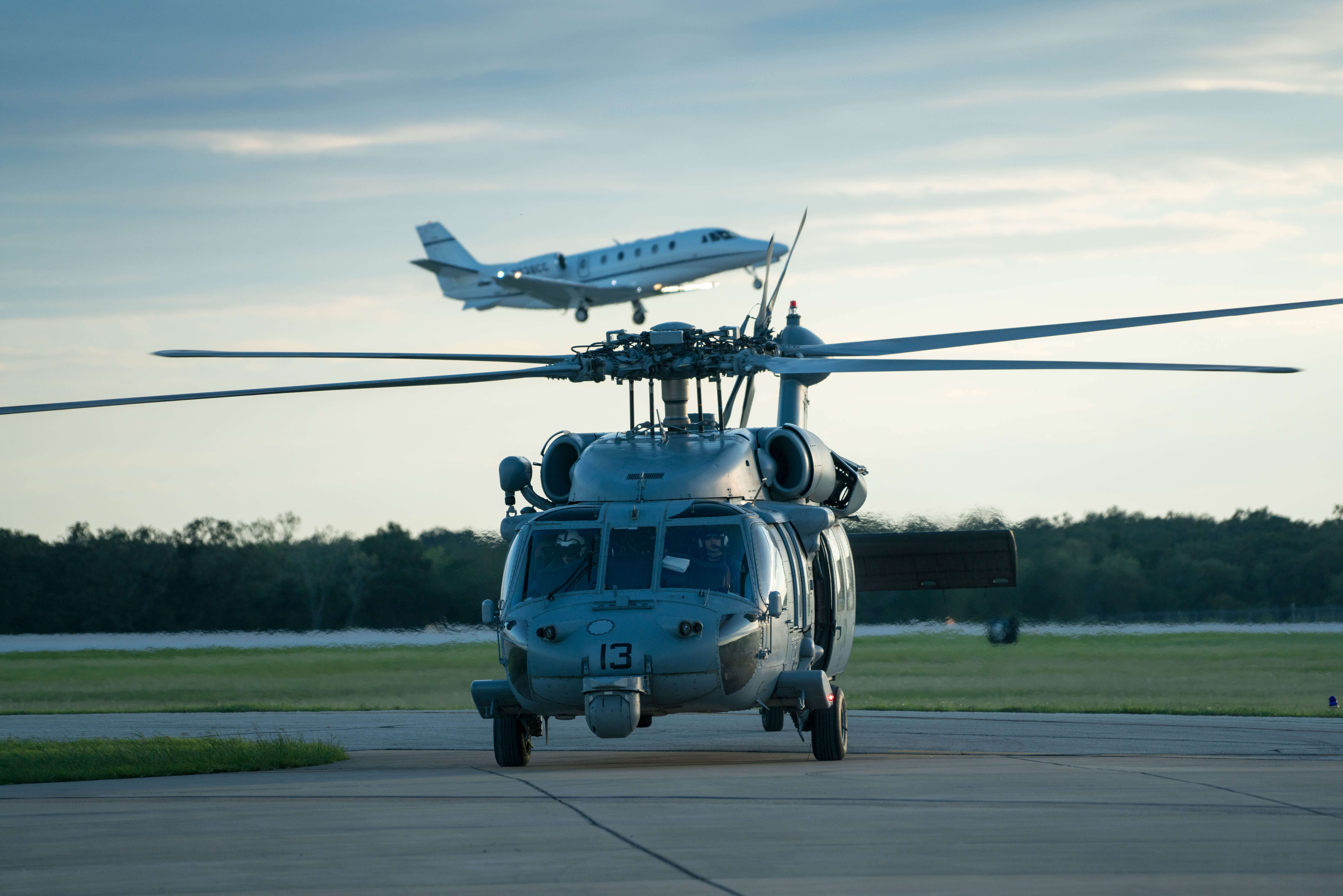 An MH-60S Sea Hawk helicopter attached to Helicopter Sea Combat Squadron (HSC) 7 returns to Easterwood Airport in College Station, Texas after a search and rescue mission over the areas affected by Hurricane Harvey. U.S. Navy MC1 Christopher Lindahl Photo