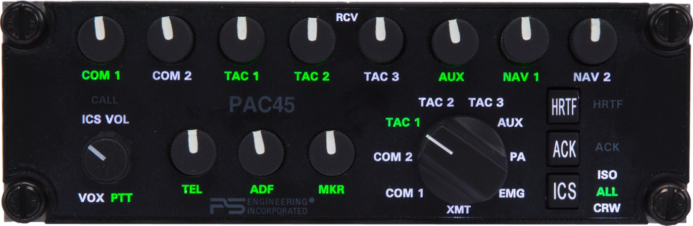 A front-panel view of the PAC45. It allows users to place six audio channels in up to nine positions. PS Engineering Photo