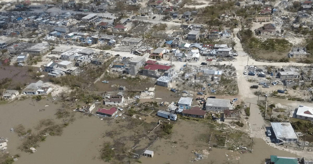 An aerial view of hurricane-stricken land.