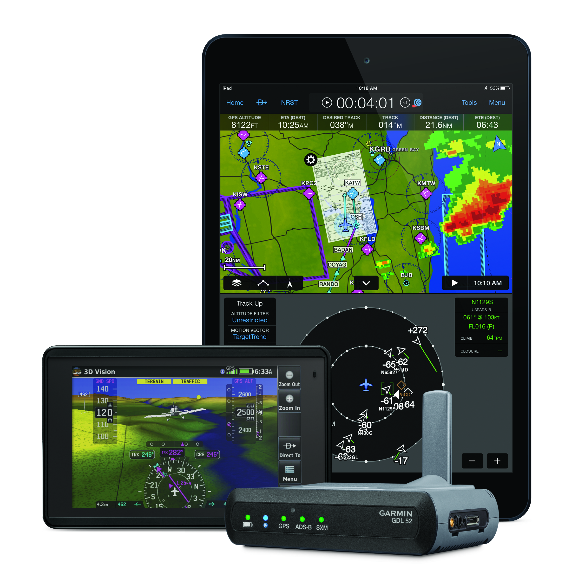 Capable of wirelessly streaming data to two devices and making hardwired connections to two additional devices simultaneously, the GDL 52 offers quick and convenient access to essential information throughout the cockpit.