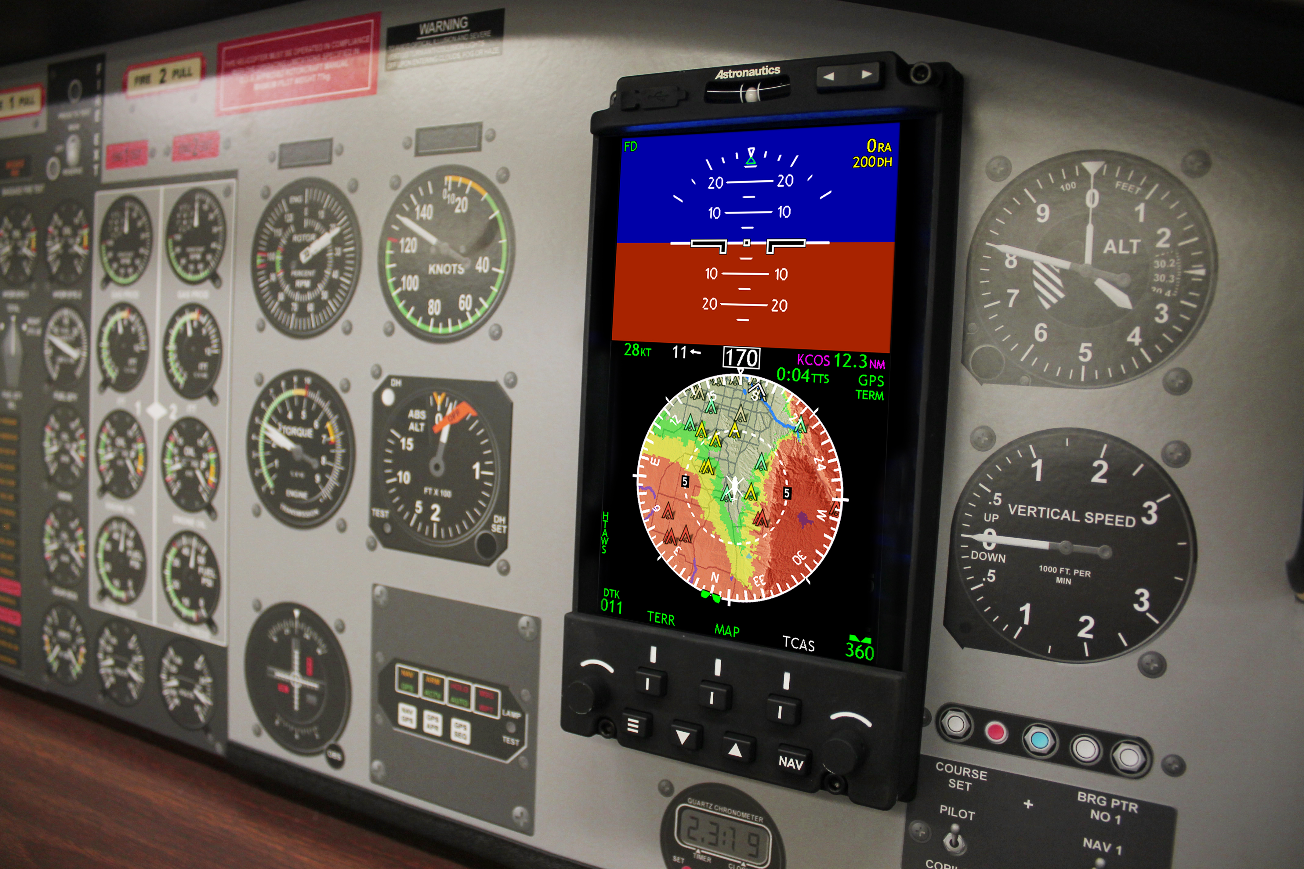 The Astronautics RoadRunner EFI — shown featured in a cockpit demonstration panel during HAI HELI-EXPO 2018. Astronautics Photo