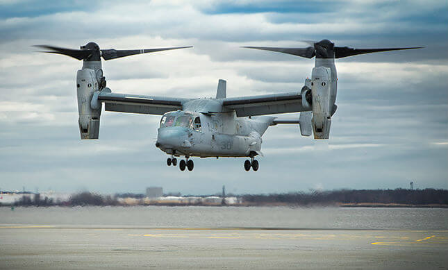 A Bell Boeing MV-22 Osprey arrives at the Boeing Philadelphia site as the first aircraft of the V-22 Common Configuration-Readiness and Modernization program. The program will improve readiness of the fleet of tiltrotor aircraft through a modification effort with the U.S. Marine Corps. Boeing Photo