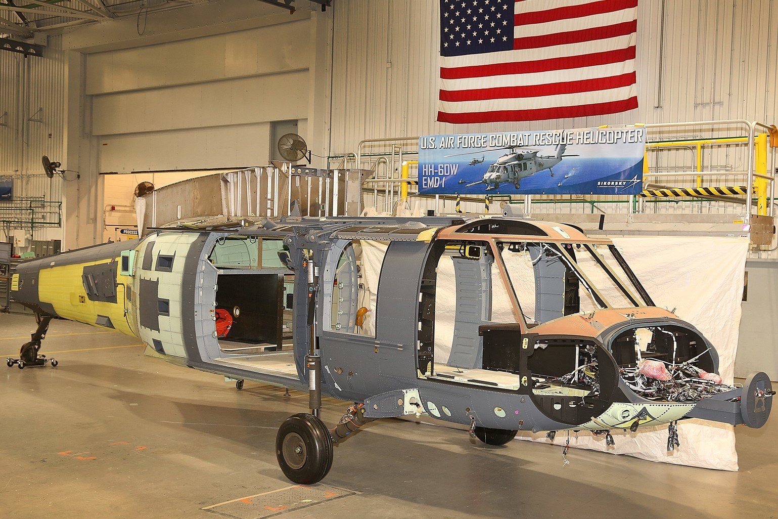 The first Sikorsky HH-60W Combat Rescue Helicopter as it enters final assembly at Stratford, Connecticut. The timing of final assembly supports the program’s accelerated schedule and positions the aircraft’s first flight for the end of this year, two months ahead of schedule. Sikorsky Photo
