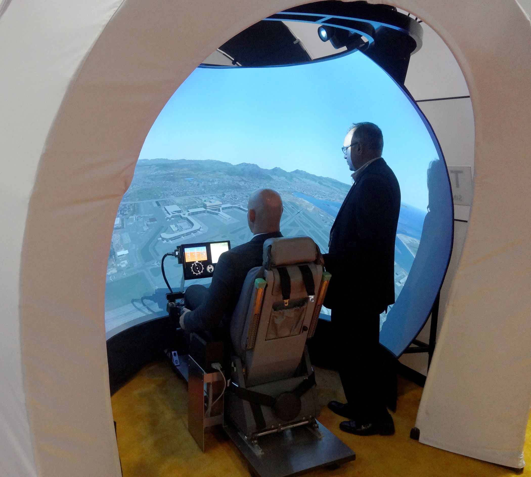 Esterline’s Treality TD-522 helicopter simulator transportable dome is available in configurations with three or five specialized projectors. Esterline Photo