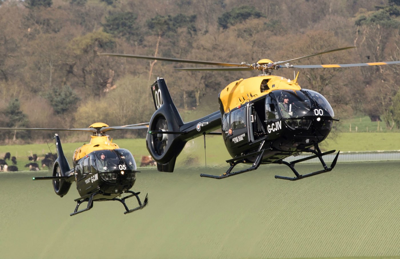An H135 Juno and H145 D2 Jupiter fly into RAF Shawbury. Airbus Helicopters Photo
