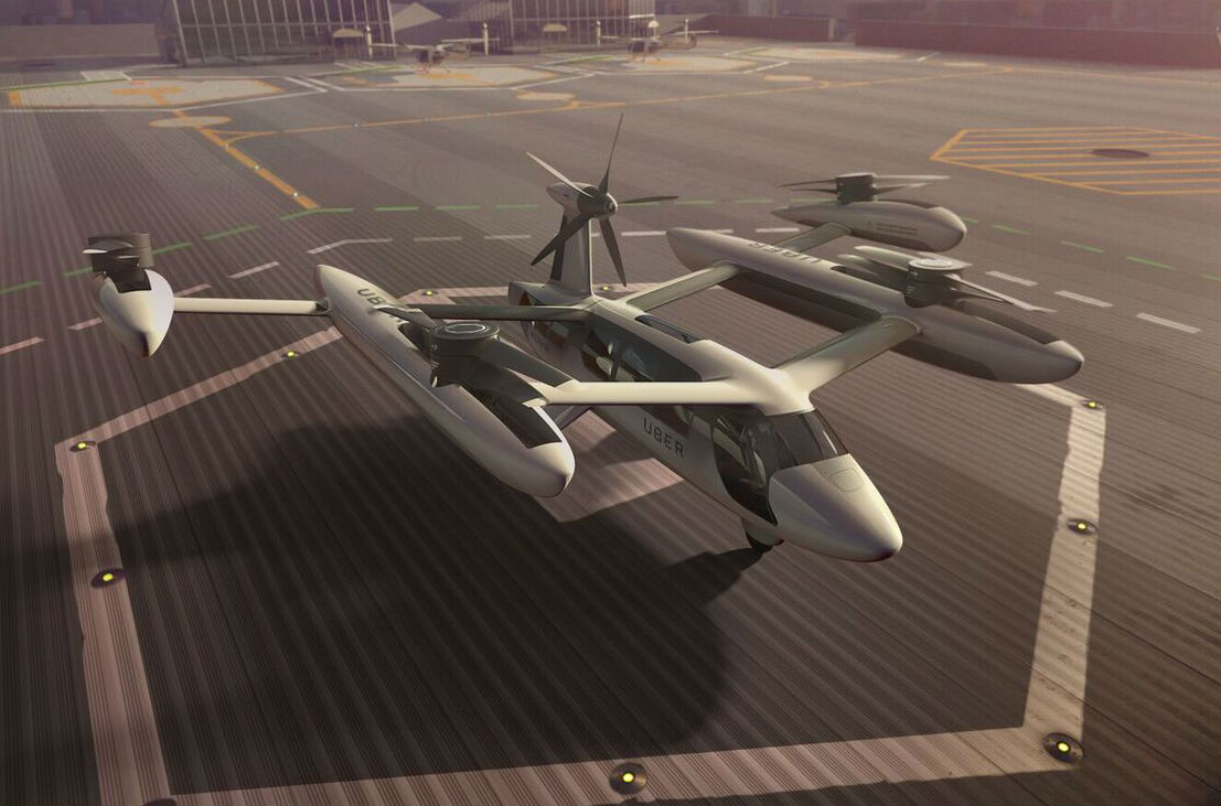 Uber’s eVTOL common reference models are designed for safe transition between vertical and forward flight, which is achieved through stacked co-rotating propellers. Uber Photo