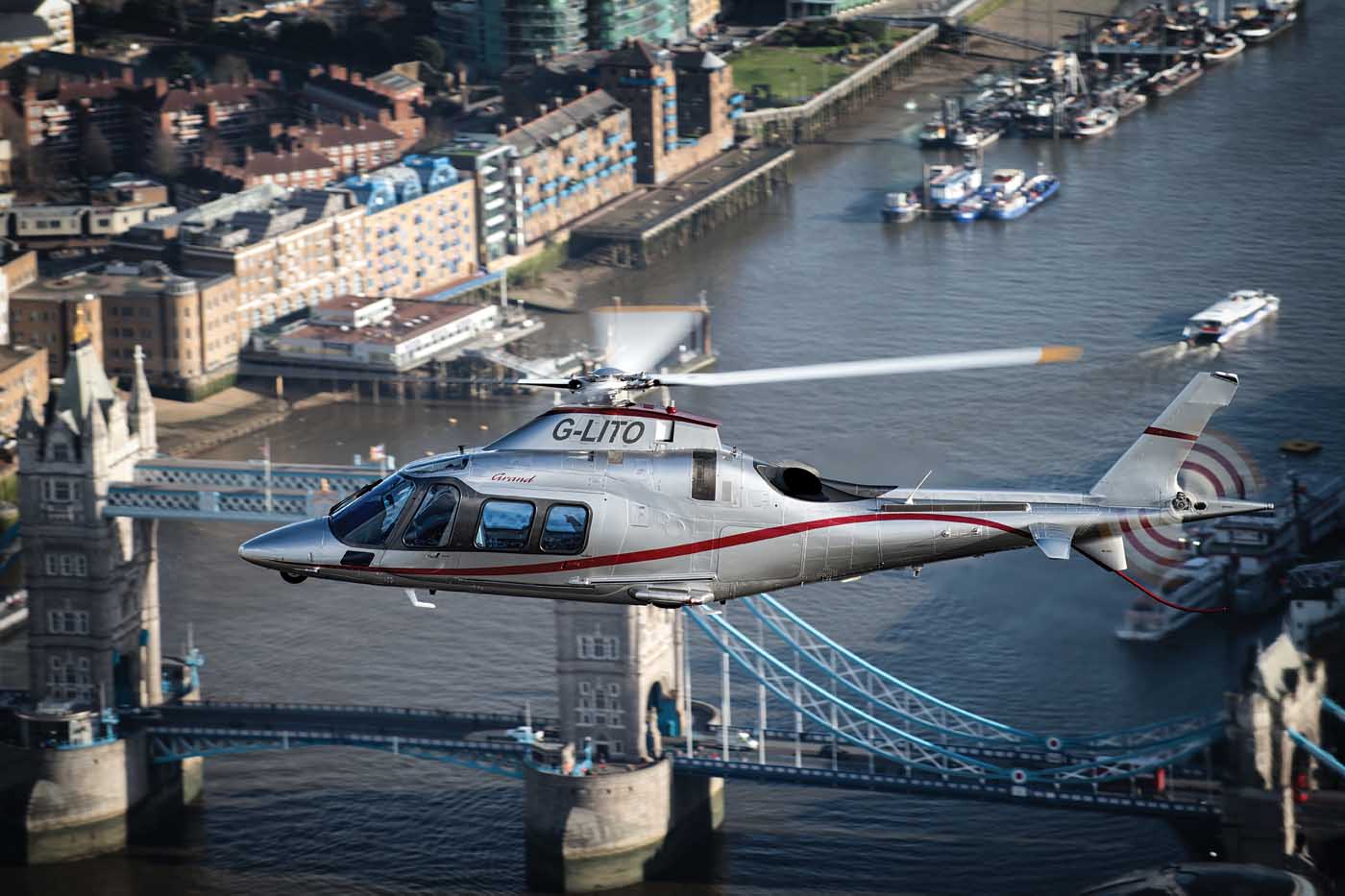 One of Castle Air’s A109S Grand models flies past the iconic Tower Bridge in London. Lloyd Horgan Photo