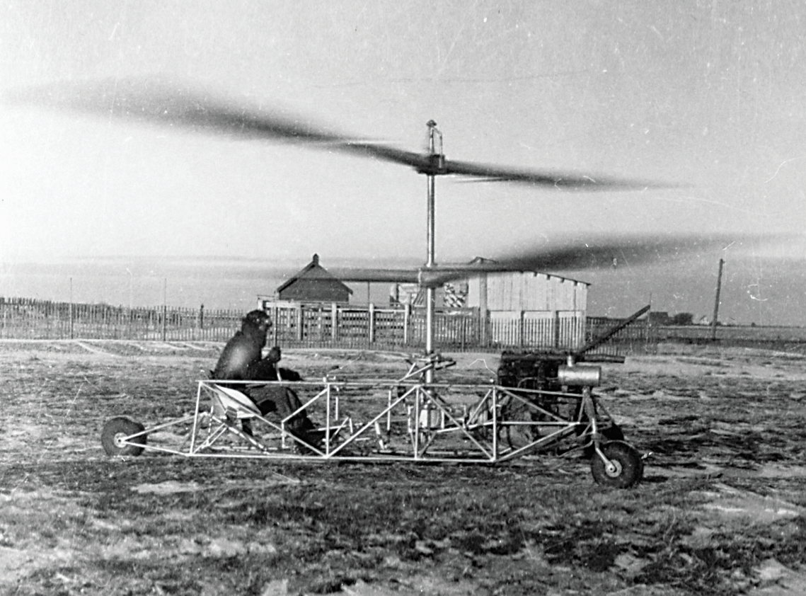 Doug Froebe in the pilot seat during a run-up test of the original Froebe helicopter during the fall of 1938. Royal Aviation Museum of Western Canada Photo