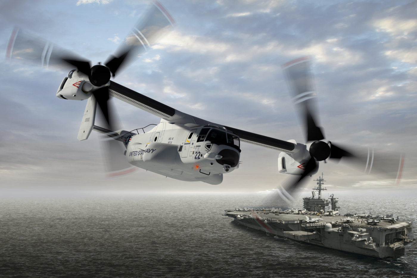 Rendering of a U.S. Navy CMV-22B tiltrotor soaring past an aircraft carrier