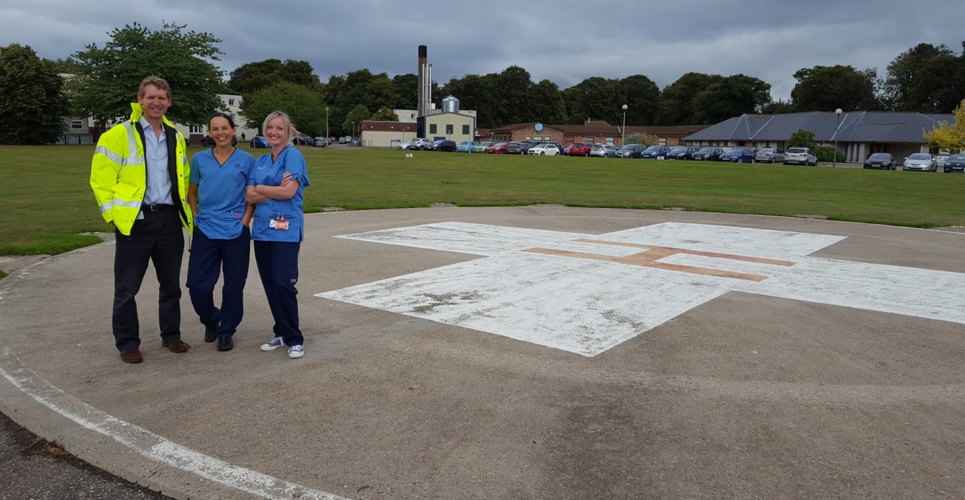 Dr Gary Kerr, consultant in emergency medicine; Sheila Van Lieshout, staff nurse; and Jo MacCulloch, staff nurse at the helipad before the upgrade started. HELP Appeal Photo