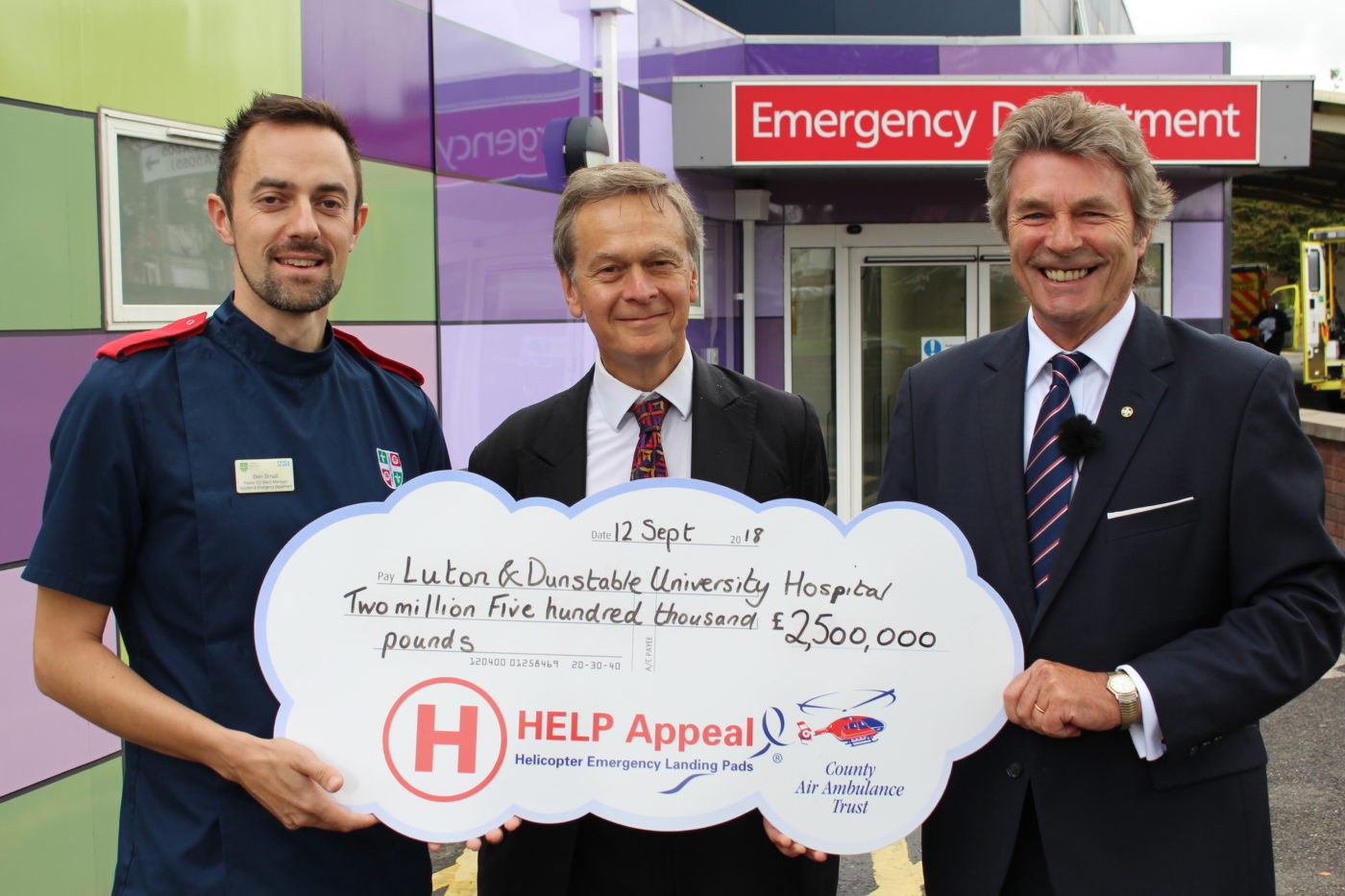 From left: Ben Small, pediatric emergency department unit manager; Simon Linnett, L&D chairman; and Robert Bertram, CEO of the HELP Appeal celebrate the new grand total of the HELP Appeal’s donation. HELP Appeal Photo