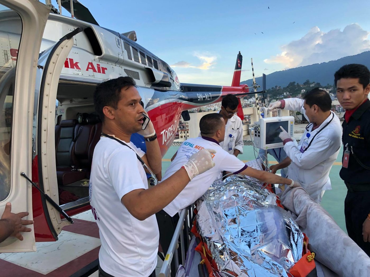 Two Mediciti doctors were situated at the hospital’s helipad to provide further care to the patient before she was moved into the emergency department. Nepal Mediciti Hospital Photo