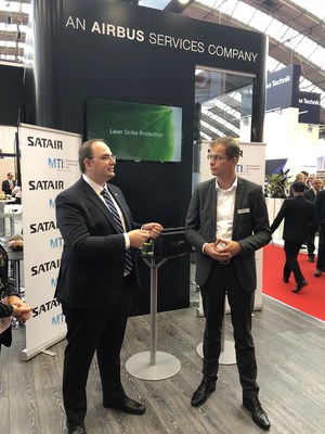 Bart Reijnen, CEO of Satair, and George Palikaras, founder and CEO of MTI, sign the distribution agreement at MRO Europe.