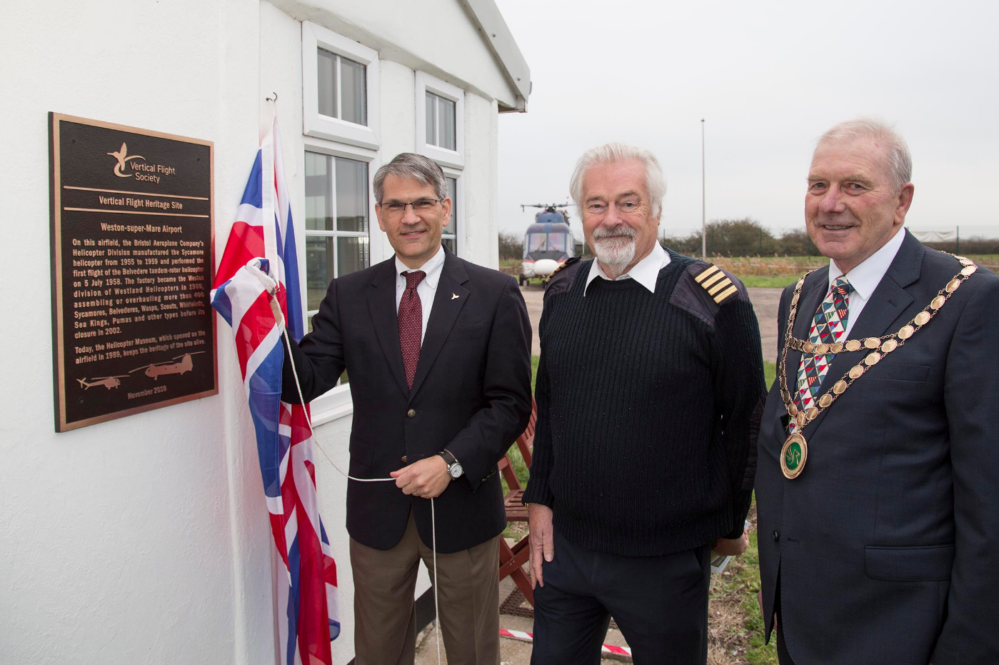 From left to right: Mike Hirschberg, VFS executive director; Elfan ap Rees, Helicopter Museum founder and chair; and David Jolley, chairman of North Somerset Council. VFS Photo